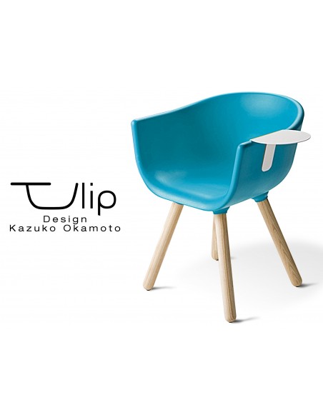 TULIPE SMALL chaise design coque couleur bleu, effet touché "Peached" piétement bois avec tablette blanche