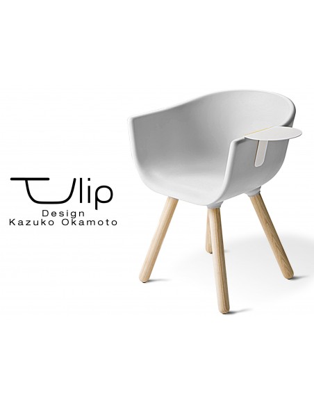 TULIPE SMALL chaise design coque couleur blanche, effet touché "Peached" piétement bois avec tablette blanche