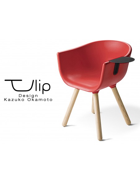 TULIPE SMALL chaise design coque couleur rouge, effet touché "Peached" piétement bois avec tablette noire