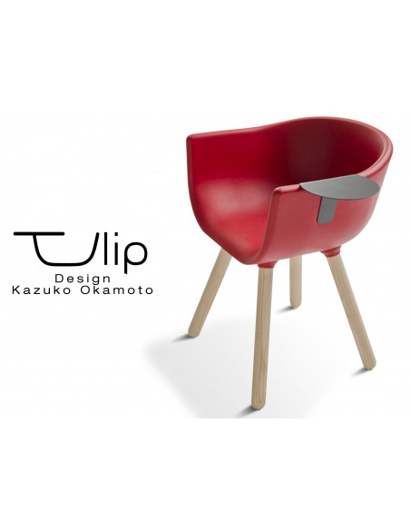 TULIPE SMALL chaise design coque couleur rouge, effet touché "Peached" piétement bois avec tablette noire