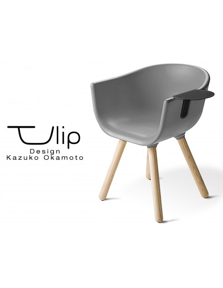 TULIPE SMALL chaise design coque couleur grise, effet touché "Peached" piétement bois avec tablette noire