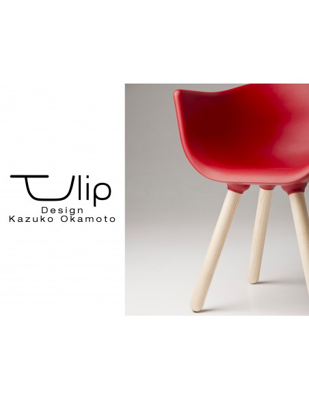 TULIPE SMALL chaise design coque effet "Peached" piétement bois avec tablette