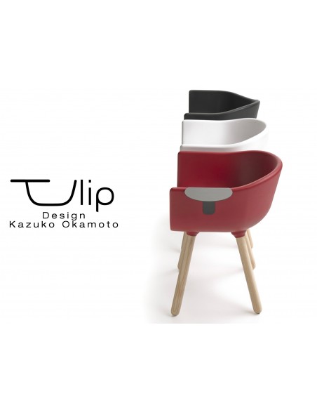 TULIPE SMALL chaise design coque effet "Peached" piétement bois avec tablette