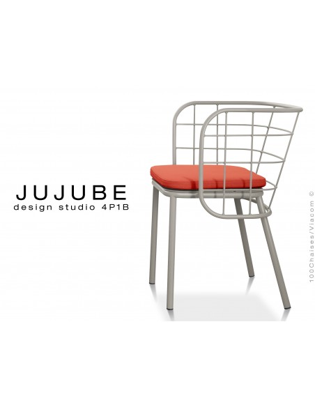 JUJUBE chaise design structure acier peinture grise, avec coussin d'assise couleur rouge pour intérieur.