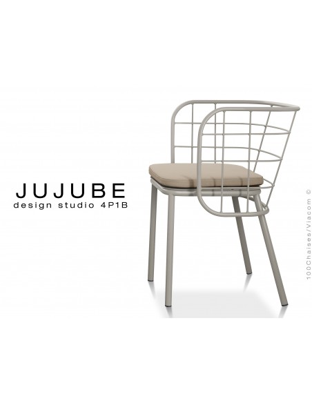JUJUBE chaise design structure acier peinture grise, avec coussin d'assise couleur crème pour intérieur
