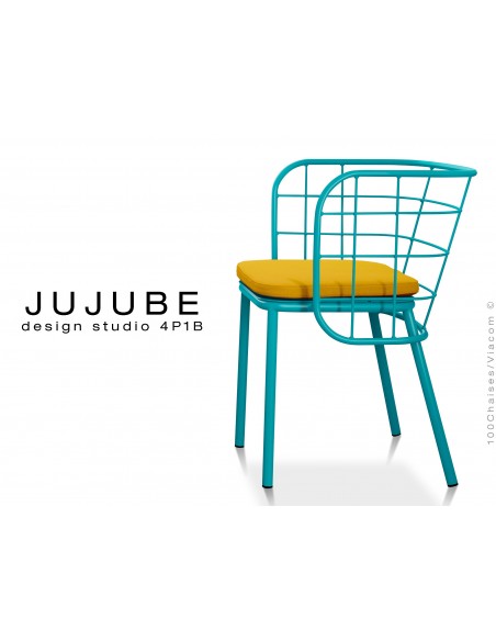 JUJUBE chaise design structure acier peinture bleue, avec coussin d'assise couleur jaune pour intérieur