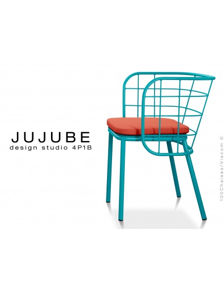 JUJUBE chaise design structure acier peinture bleue, avec coussin d'assise couleur rouge pour intérieur