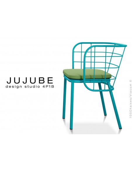JUJUBE chaise design structure acier peinture bleue, avec coussin d'assise couleur vert pour intérieur