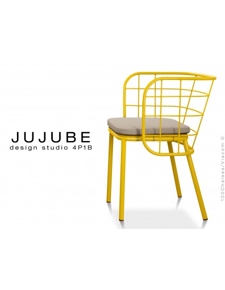 JUJUBE chaise design structure acier peinture jaune, avec coussin d'assise couleur crème pour intérieur