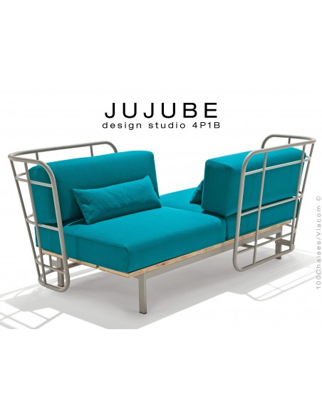 Canapé deux places JUJUBE structure acier peinture grise, avec coussin d'assise couleur Bleu-38 pour intérieur.