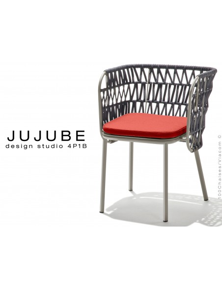 JUJUBE chaise design structure acier peint gris, avec coussin d'assise rouge et dossier tressé pour intérieur