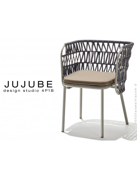 JUJUBE chaise design structure acier peint gris, avec coussin d'assise crème et dossier tressé pour intérieur