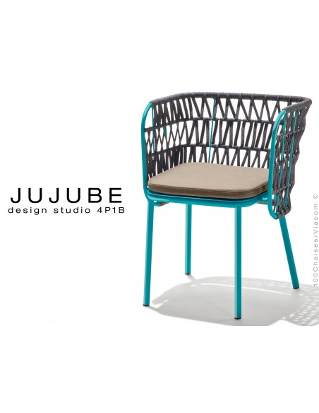 JUJUBE chaise design structure acier peint bleu, avec coussin d'assise crème et dossier tressé pour intérieur