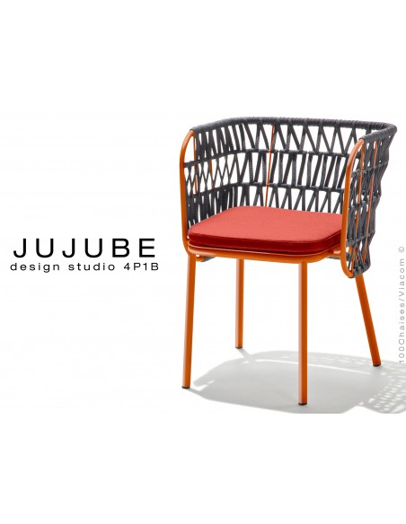 JUJUBE chaise design structure acier peint orange-rouille, avec coussin d'assise rouge et dossier tressé pour intérieur