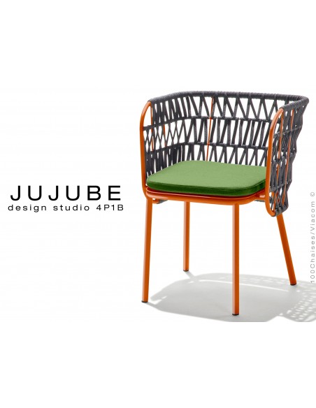 JUJUBE chaise design structure acier peint orange-rouille, avec coussin d'assise vert et dossier tressé pour intérieur