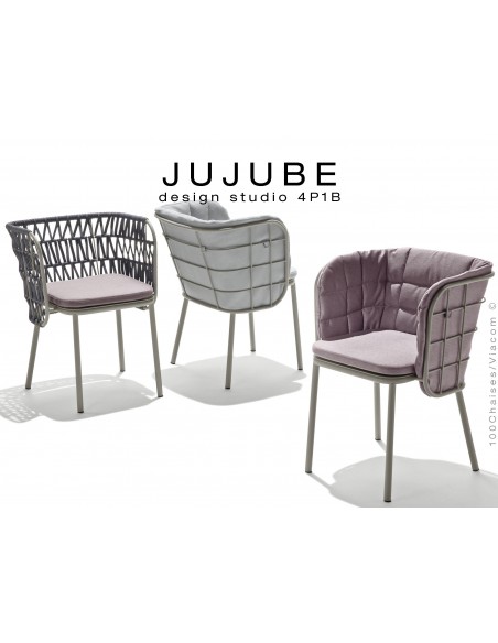 JUJUBE chaise design structure acier peint, avec coussin d'assise et dossier tressé pour intérieur