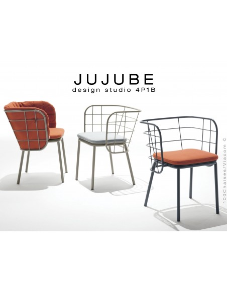 JUJUBE chaise design structure acier peint, avec coussin d'assise et dossier tressé pour intérieur