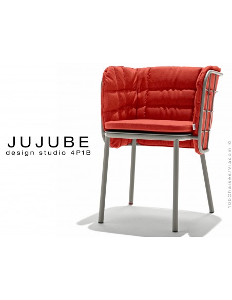 JUJUBE chaise design structure acier peint gris, avec coussin et dossier capitonné rouge pour intérieur