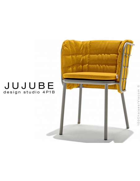 JUJUBE chaise design structure acier peint gris, avec coussin et dossier capitonné jaune pour intérieur