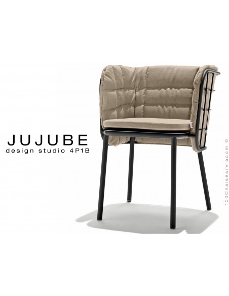 JUJUBE chaise design structure acier peint anthacite, avec coussin et dossier capitonné crème pour intérieur