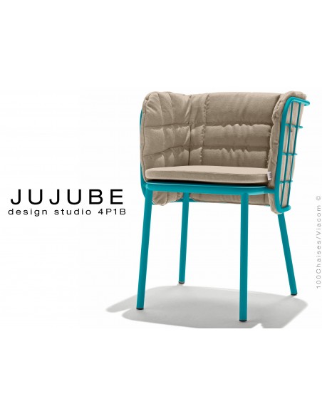 JUJUBE chaise design structure acier peint bleu, avec coussin et dossier capitonné crème pour intérieur
