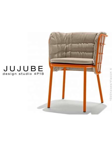 JUJUBE chaise design structure acier peint rouge, avec coussin et dossier capitonné crème pour intérieur