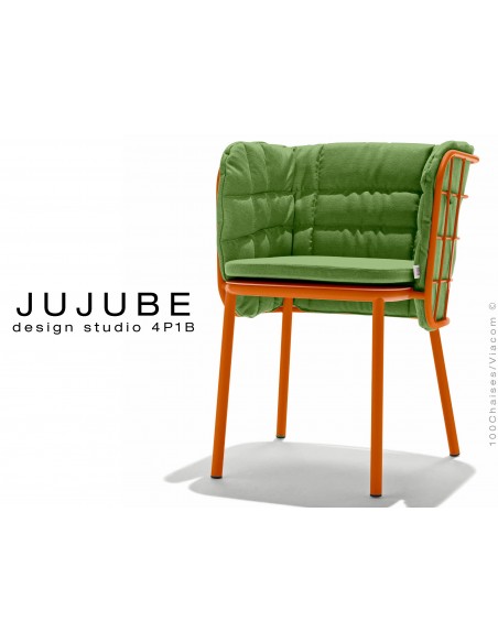 JUJUBE chaise design structure acier peint rouge-rouille, avec coussin et dossier capitonné vert pour intérieur