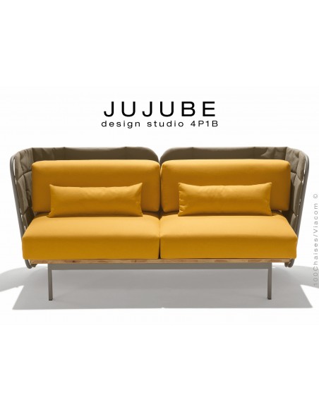 JUJUBE canapé design structure acier peint, avec coussin d'assise jaune-33 et dossier capitonné beige-42 pour intérieur