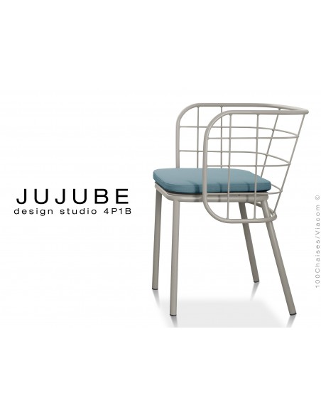 JUJUBE chaise design structure acier peint gris, avec coussin d'assise couleur bleu pétrol pour extérieur.