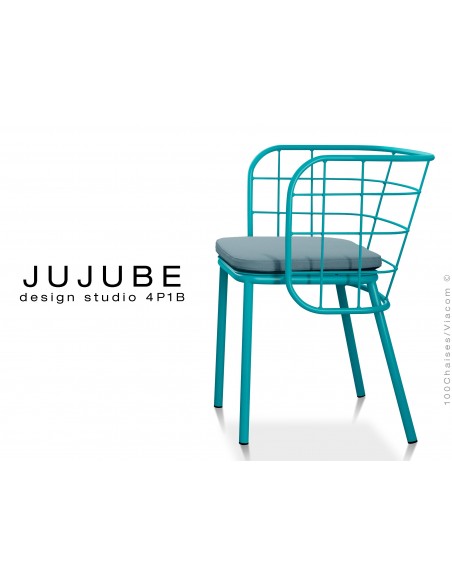 JUJUBE chaise design structure acier peint bleu, avec coussin d'assise couleur bleu pétrol pour extérieur.