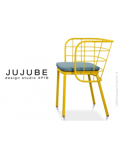 JUJUBE chaise design structure acier peint jaune, avec coussin d'assise couleur bleu pétrol pour extérieur.