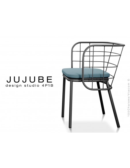 JUJUBE chaise design structure acier peint anthracite, avec coussin d'assise couleur bleu pétrol pour extérieur.