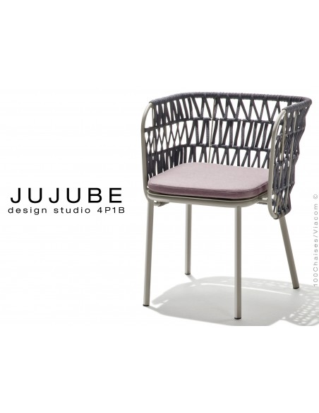 JUJUBE chaise design structure acier peint gris, avec coussin d'assise couleur Glycine et dossier tressé pour extérieur