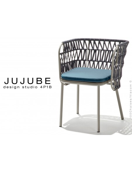 JUJUBE chaise design structure acier peint gris, avec coussin d'assise couleur bleu pétrol et dossier tressé pour extérieur