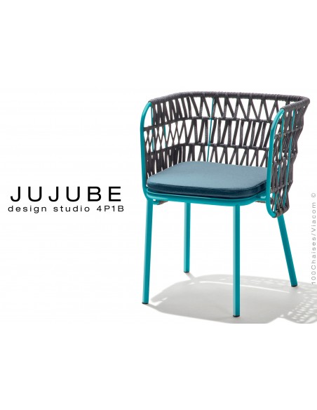 JUJUBE chaise design structure acier peint bleu, avec coussin d'assise couleur bleu pétrol et dossier tressé pour extérieur