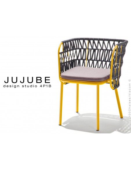 JUJUBE chaise design structure acier peint jaune, avec coussin d'assise couleur Glycine et dossier tressé pour extérieur