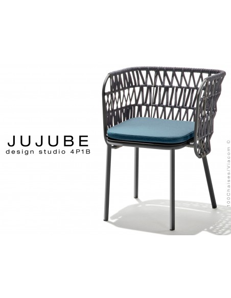 JUJUBE chaise design structure acier peint anthracite, avec coussin d'assise couleur bleu pétrol, dossier tressé pour extérieur