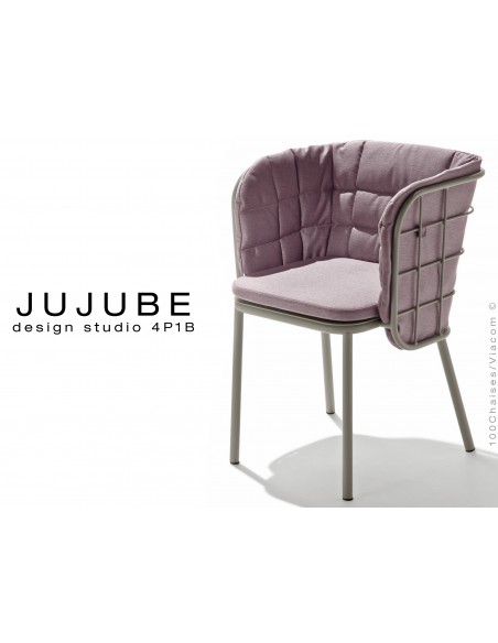 JUJUBE chaise design structure acier peint couleur gris, coussin et dossier capitonné couleur Glycine pour extérieur