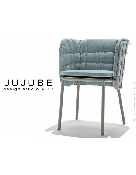 JUJUBE chaise design structure acier peint couleur gris, coussin et dossier capitonné couleur bleu pour extérieur