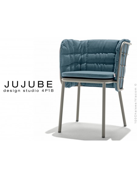 JUJUBE chaise design structure acier peint couleur gris, coussin et dossier capitonné couleur bleu pétrol pour extérieur