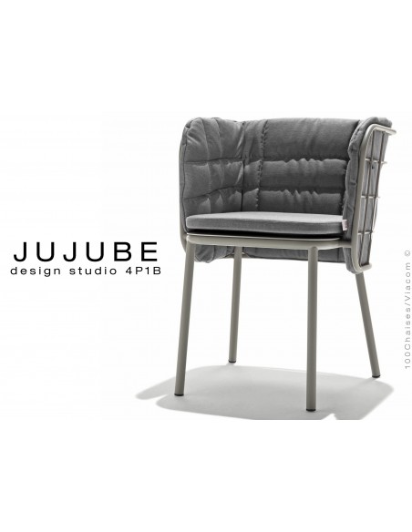 JUJUBE chaise design structure acier peint couleur gris, coussin et dossier capitonné couleur gie foncé pour extérieur