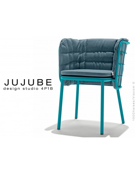 JUJUBE chaise design structure acier peint couleur bleu, coussin et dossier capitonné couleur bleu pétrol pour extérieur
