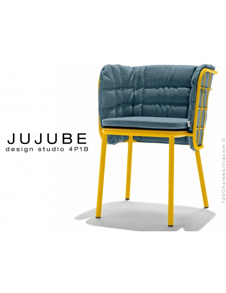 JUJUBE chaise design structure acier peint couleur jaune, coussin et dossier capitonné couleur bleu pétrol pour extérieur