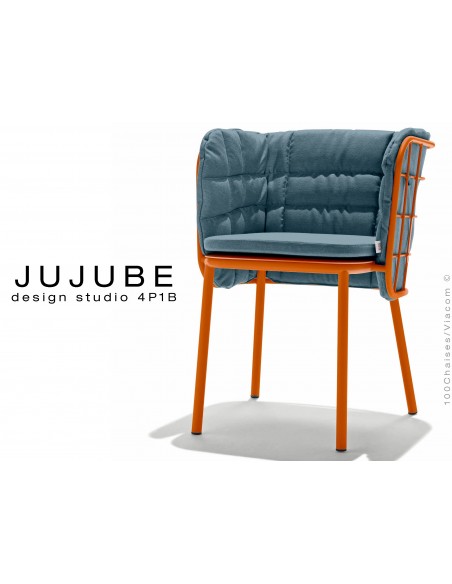 JUJUBE chaise design structure acier peint orange-rouille, coussin et dossier capitonné couleur bleu foncé pour extérieur