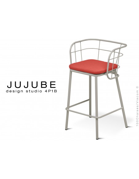 JUJUBE tabouret design structure acier peint gris clair, avec coussin d'assise rouge pour intérieur