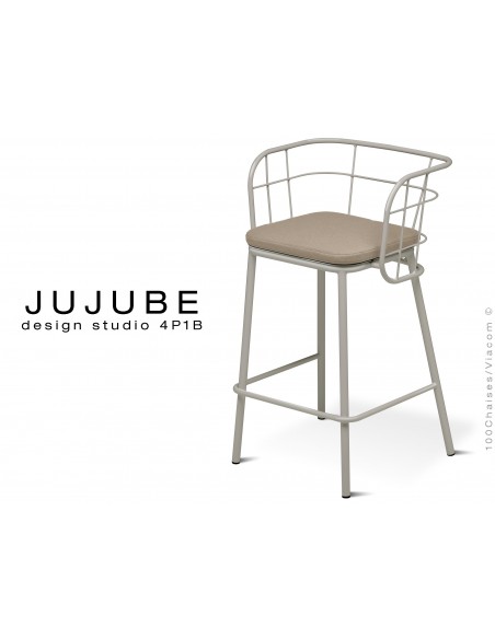 JUJUBE tabouret design structure acier peint gris clair, avec coussin d'assise crème pour intérieur
