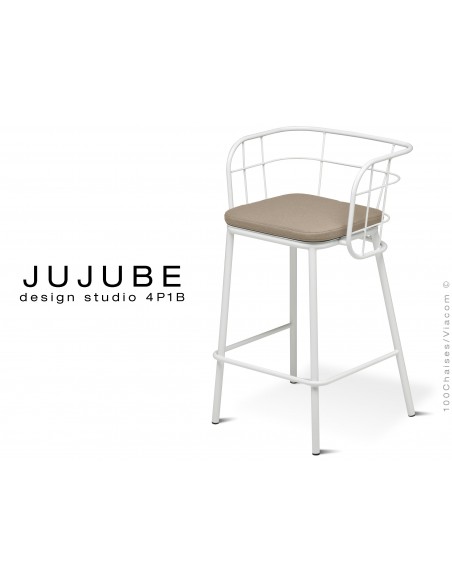 JUJUBE tabouret design structure acier peint blanc, avec coussin d'assise crème pour intérieur