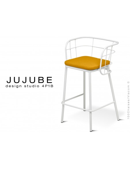 JUJUBE tabouret design structure acier peint blanc, avec coussin d'assise jaune pour intérieur