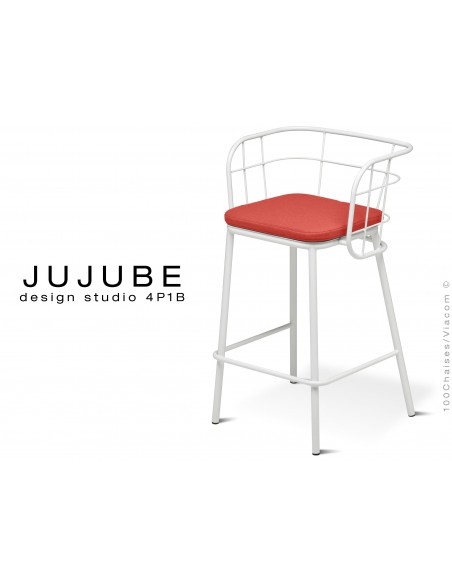 JUJUBE tabouret design structure acier peint blanc, avec coussin d'assise rouge pour intérieur