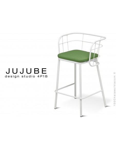 JUJUBE tabouret design structure acier peint blanc, avec coussin d'assise vert pour intérieur